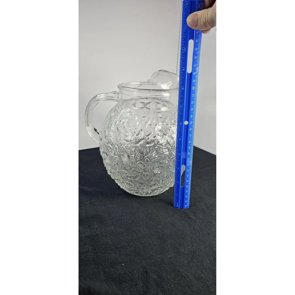 Anchor Hocking Lido Milano Pitcher Vintage Crinkle Ice Glass Clear Handle Spout‎